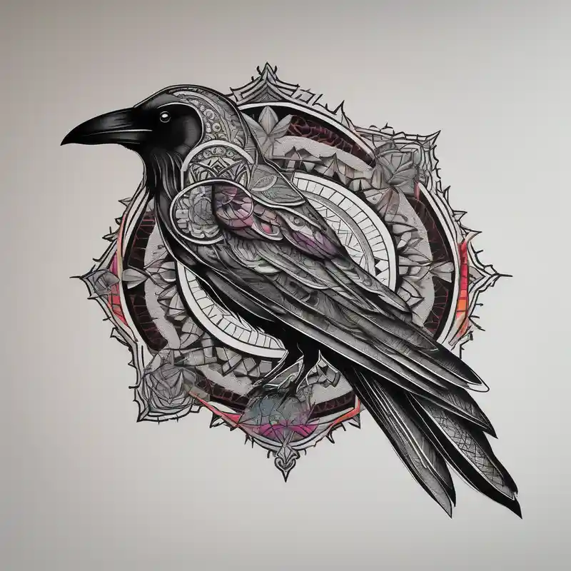 left arm tattoo of a raven mandala on a branch surrounded by mandala fishing tattoos